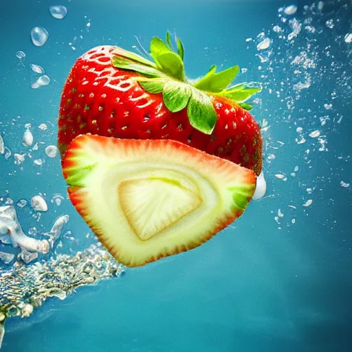 Prompt: half cut slices strawberry, splash underwater! photoshop edit, golden ratio