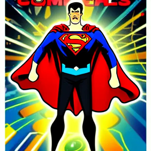 Image similar to a comic book super hero who is just really good at pinball and throws pinball machines he has a long cape his left hand is missing and instead is a launcher from a pinball machine, 4k, highly detailed, heroic pose, graphic novel, bright colors, dark lines