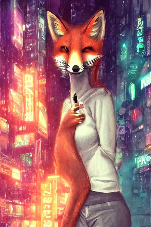 Image similar to beautiful portrait of a tall female anthro fox smoking a cigarette in a bustling crowd of a rainy city street, cyberpunk, harsh neon lights, highly detailed, digital painting, illustration, art by sakimichan, artgerm