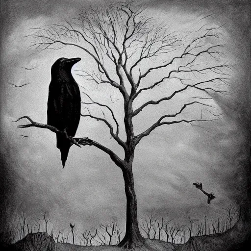 Image similar to surrealism painting of a raven by the blair witch project | horror themed | creepy