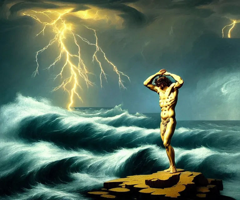 Image similar to hyper detailed 3d render like a Oil painting - greek god poseiden standing tall on the shore of a roiling stormy ocean, golden trident raised overhead, lightning storm in background, anger + wrath, by Jacek Yerka, Mariusz Lewandowski, Houdini algorithmic generative render, Abstract brush strokes, Masterpiece, Edward Hopper and James Gilleard, Zdzislaw Beksinski, Mark Ryden, Wolfgang Lettl, hints of Yayoi Kasuma, octane render, 8k