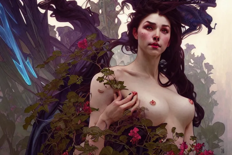 Image similar to ubermench which is a combination of a woman and a man, machiavellian garden, d & d, fantasy, ego death, decay, dmt, psilocybin, art by artgerm and greg rutkowski and alphonse mucha