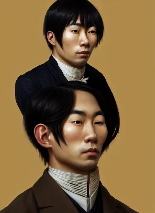 Prompt: a portrait of a young asian man with a crooked nose in victorian clothing, confident pose, intricate, elegant, sharp focus, illustration, highly detailed, concept art, matte, trending on artstation, anime, art by james jean and artgerm and brian despain and alberto mielgo, greg rutkowski, wlop, ilya kuvshinov, strong strokes