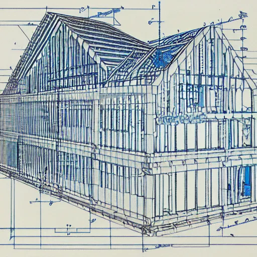 Image similar to noah's ark blueprints, white on blue line drawing, hyper detailed, construction plans