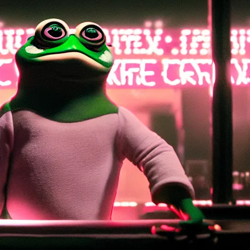 Prompt: cinematic portrait of pepe the frog as a replicant in a busy nightclub, frightened and angry, still from the movie bladerunner, fashion photography, a neon sign is in the background