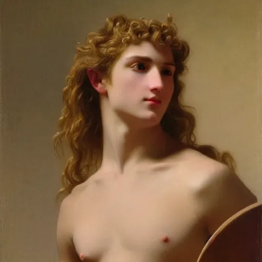 Prompt: PORTRAIT Painting of a blond male Venus Apollo. LONG CURLY blond hair. Sharp angular face high cheekbones hooked nose. Art by william adolphe bouguereau. During golden hour. Extremely detailed. Beautiful. 4K. Award winning.