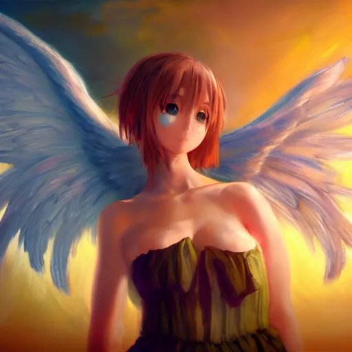 Image similar to an oil painting of an anime girl with angel wings, hd, hdr, ue 5, ue 6, unreal engine 5, cinematic 4 k wallpaper, 8 k, ultra detailed, high resolution, artstation, award winning