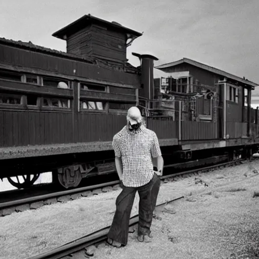 Prompt: photograph of michael stipe driving a train