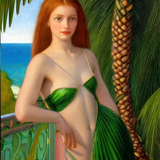 Image similar to a ultradetailed beautiful painting of a girl in the amazonas palace balustrade designed by edward robert hughes, tarsila do amaral, frank weston and gustave baumann, beach, trending on artstation, mediterranean, palm trees, detailed face, sharp focus, soft light, 8 k 4 k