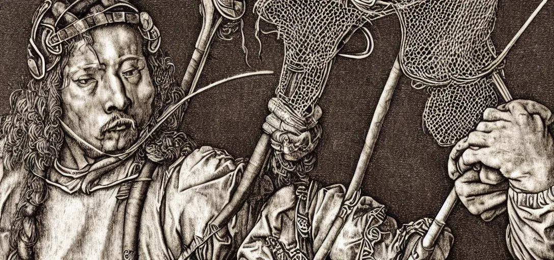 Image similar to lacrosse player, highly detailed, 8k, intricate, Albrecht Durer style