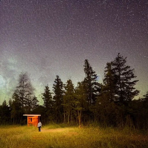 Image similar to A giant man walking through a forest at night, small shack in the distance, long shot angle