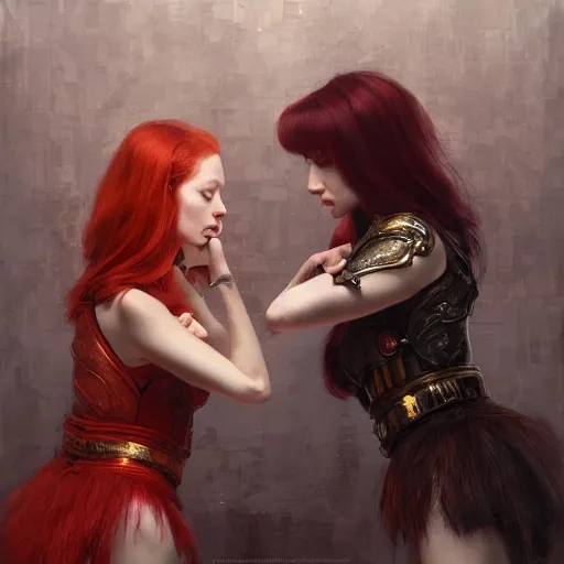 Prompt: Identical pale red haired Twin Women start playing chess against each other by Ruan Jia and Mandy Jurgens and Artgerm and william-adolphe bouguerea, highly detailed, trending on artstation, award winning,