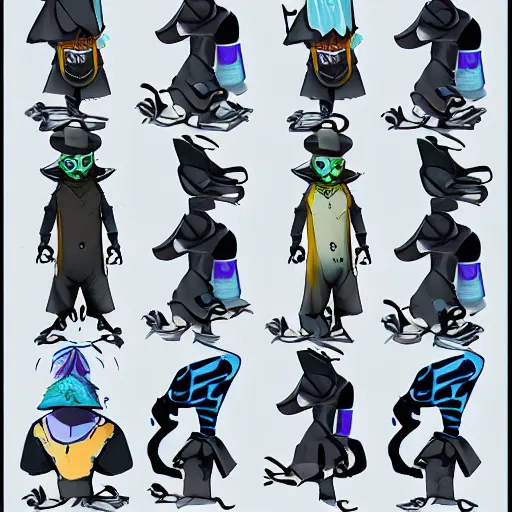 Image similar to character design sheets for a nonbinary androgynous gothic manta ray person who sells empty spray paint cans as a scam and is always covered in paint and clay and acting shady, designed by splatoon nintendo, inspired by tim shafer psychonauts 2 by double fine, cgi, professional design, gaming