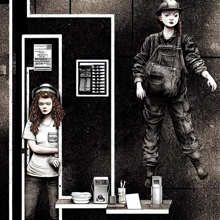 Image similar to sadie sink as a coal miner : inserts a card into a slot. inside a minimalist dirty automated kiosk. bright tasty food options displayed on a wall. black tiles on walls. a seat and table. black and white, pencil and ink. by gabriel hardman, joe alves, chris bonura. cinematic atmosphere, detailed and intricate, perfect anatomy