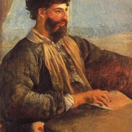 Prompt: it's morning. sunlight is pouring through the window bathing the face of a man holding a quill and enjoying a hot cup of coffee. a new day has dawned bringing with it new hopes and aspirations. painting by titian, 1 5 6 6