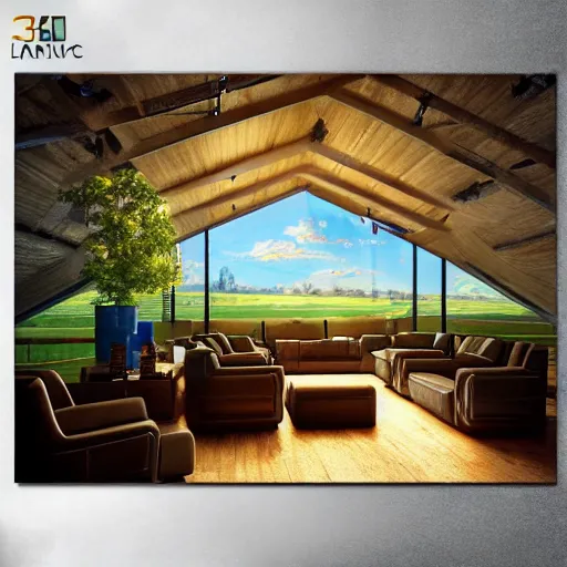 Image similar to interior view of modern futuristic farm barn architecture and interior design, lounge chairs, sofas, cows, chickens, pigs, wall art, detailed luminescent oil painting 4 k