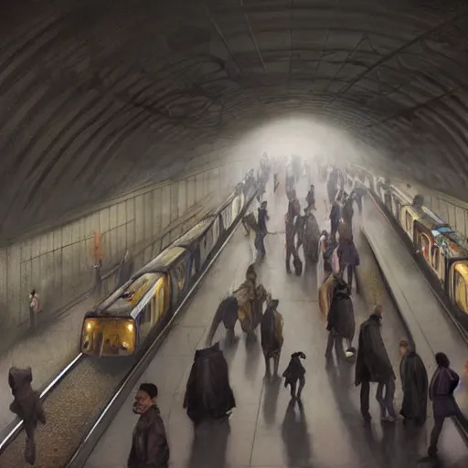 Prompt: commuters in the rush hour at the platform of an underground santiago metro station in direction to nowhere, by raoul ruiz, esao andrews and greg rutkowski