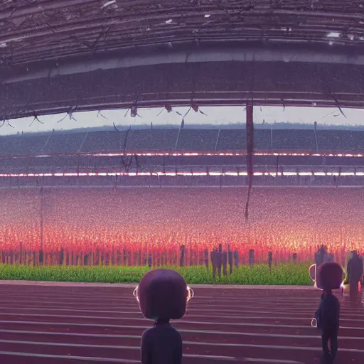 Image similar to a farm of human heads in a stadium, Simon Stalenhag, beeple, Wadim Kashin, 4K, cinematic