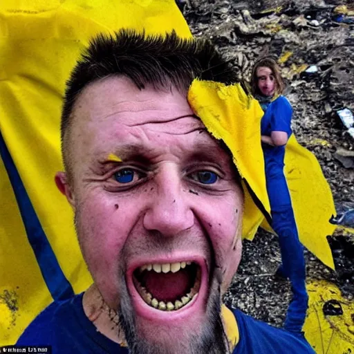 Image similar to last selfie of frightened funny damaged to bones ukrainian in dirty yellow and blue rags, big nuclear explosion at background