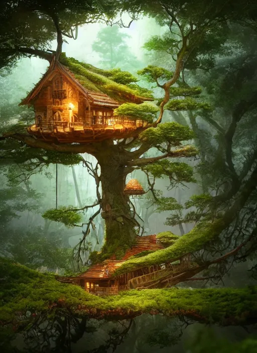 Image similar to beautiful tree house in a gnarly bonsai in a ancient forrest, dynamic lighting, cinematic, establishing shot, extremly high detail, foto realistic, cinematic lighting, post processed, concept art, artstation, matte painting, style by ghibli, myazaki