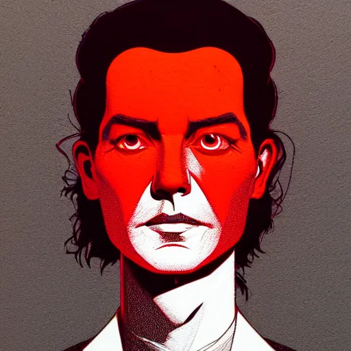 Prompt: portrait top light, by killian eng and joe fenton and martin deschambault and conrad roset, inspired by eraserhead david lynch, red background and grey only, etching, fine, sharp high detail,