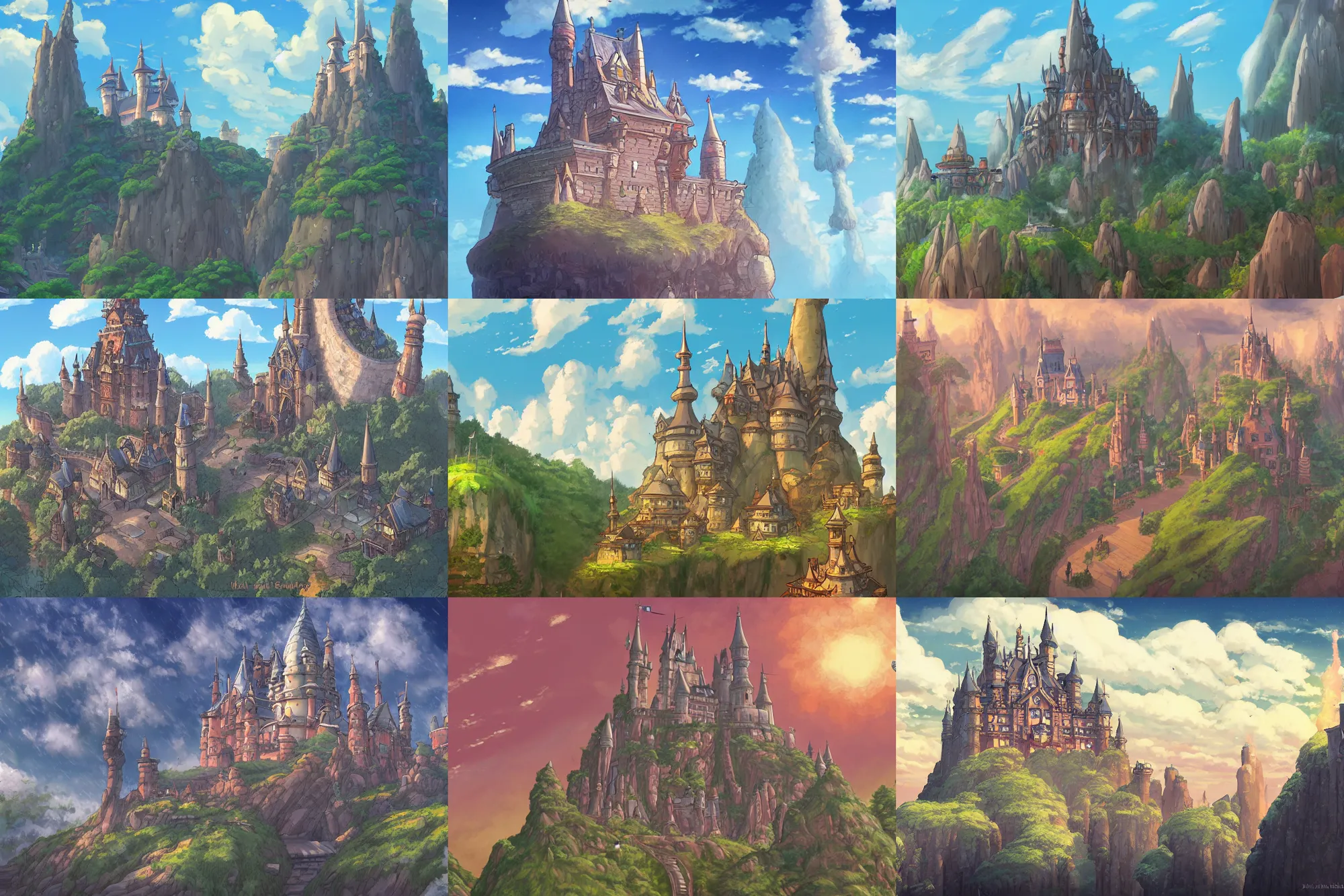 Prompt: Castle with tall spires, flying airships, and a giant magical portal in the style of Ghibli, Hayao Miyazaki, Stylized, Highly detailed, Digital painting, Artstation,