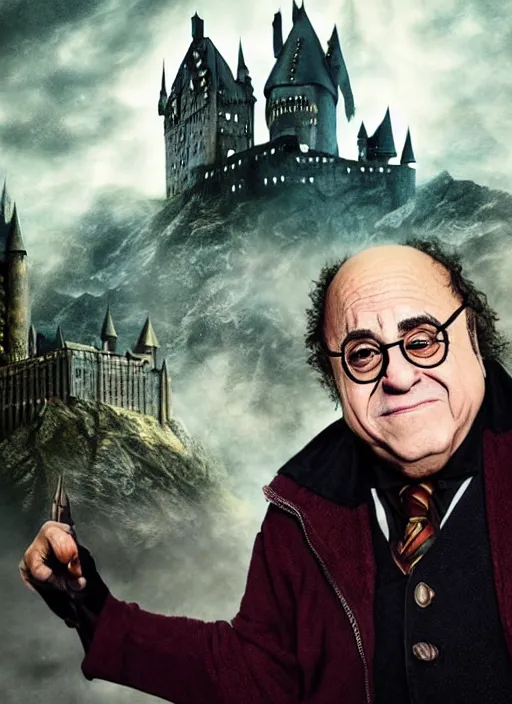 Image similar to Dramatic portrait photo of Danny Devito as Harry Potter, wizard, cracked castle in background, dramatic lighting, promotional image, concept art, smooth, sharp focus, art by artgerm