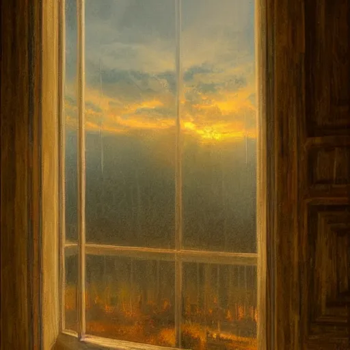 Image similar to view from window, sunset, high detail, dramatic light, digital art, painted by seb mckinnon, trending on artstation