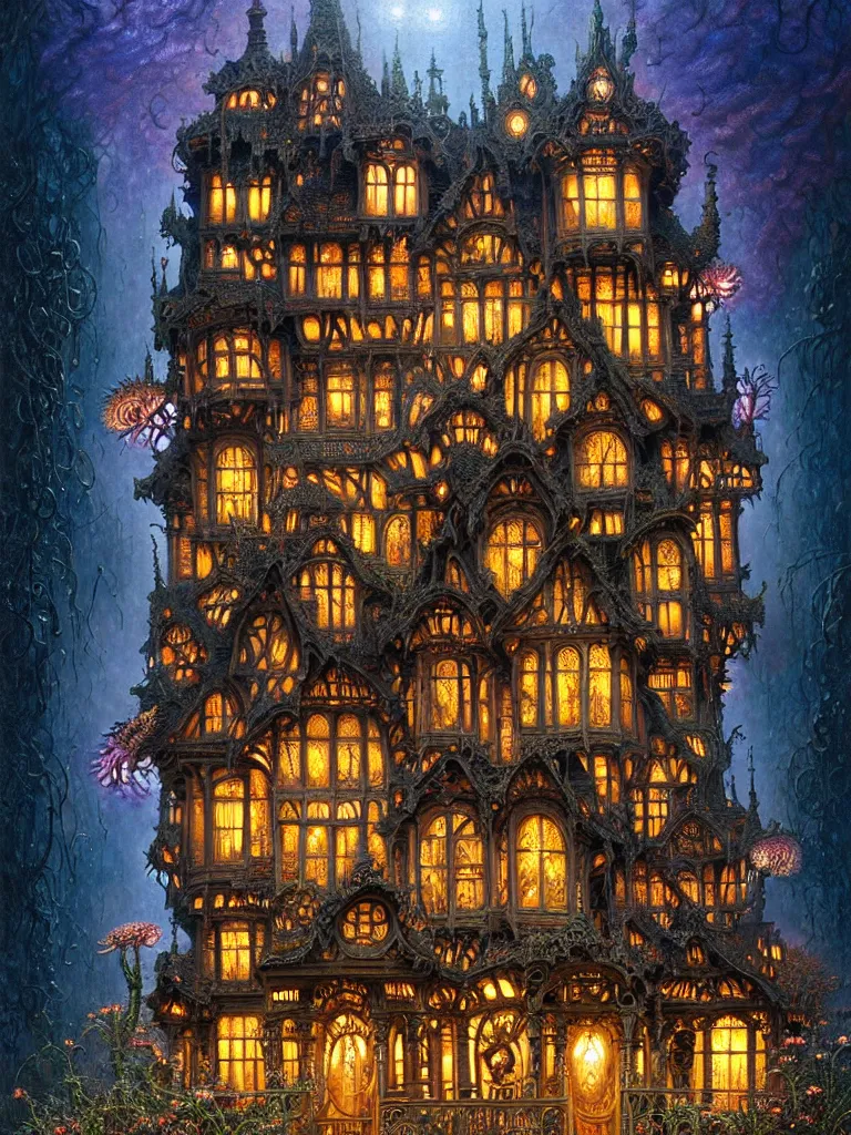 Prompt: intricate detailed Scary flower Mansion james gurney,dan luvisi,Petros Afshar,tim hildebrandt,liam wong,Mark Riddick,thomas kinkade,ernst haeckel,dan mumford,trending on artstation,josephine wall, WLOP ,cgsociety by Gediminas Pranckevicius, trending on cgsociety and DeviantArt