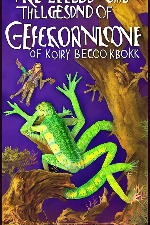 Prompt: the legend of the geckronome book cover, fantasy book