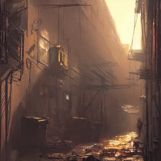 Image similar to a dirty alleyway at sunset, dramatic lighting, illustration by Greg rutkowski, yoji shinkawa, 4k, golden hour, digital art, concept art, trending on artstation