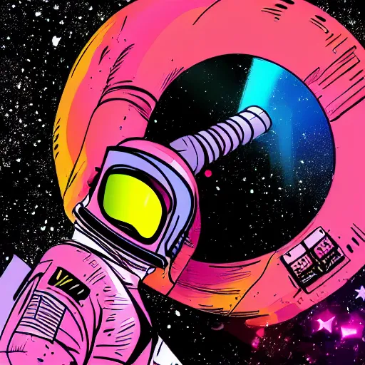 Image similar to Medium shot of an astronaut relaxing in space designed by Jack Kirby, digital art, cartoon art, acrylic, bokeh, synthwave, retro,