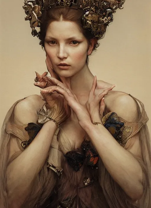 Prompt: a portrait painting of the queen of air dressed by alexander mcqueen, an ultrafine detailed painting by zha shibiao, austin osman spare, roberto ferri, william waterhouse and tom bagshaw. ultradetailed face, cgsociety, fantasy art, detailed painting, chiaroscuro, rococo