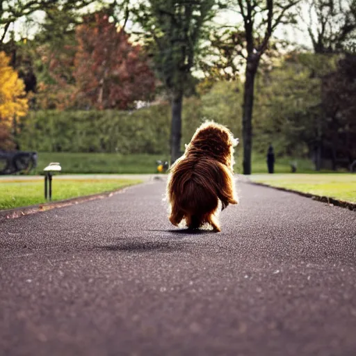 Image similar to chewbacca as a dog chasing a frisbee in the park, action photography, depth of field