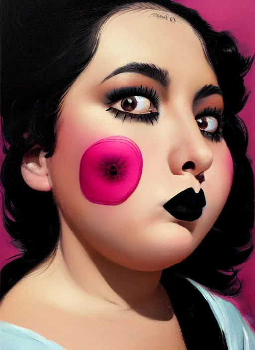 Image similar to portrait of a plump latino woman with a crooked nose and a confident expression, 1 9 6 0 s, black clothes, goth, punk, brightly coloured hair, funk, intricate, elegant, highly detailed, digital painting, artstation, concept art, smooth, sharp focus, illustration, art by wlop, mars ravelo and greg rutkowski