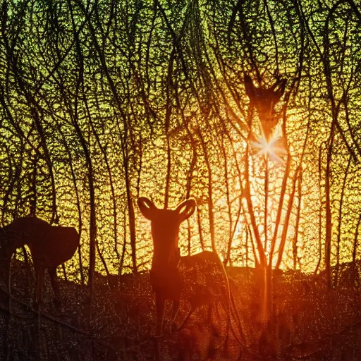 Image similar to animals made of leaves trees and vines, sunset magic hour backlit photography, bokeh