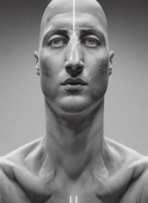 Prompt: a statue made of white marble with gold veins, of klay thompson, transhumanism, full body shot, perfect symmetrical body, perfect symmetrical face, hyper realistic, hyper detailed, by johannen voss, by peter kemp, by monia merlo, by michelangelo, octane render, blender, 8 k