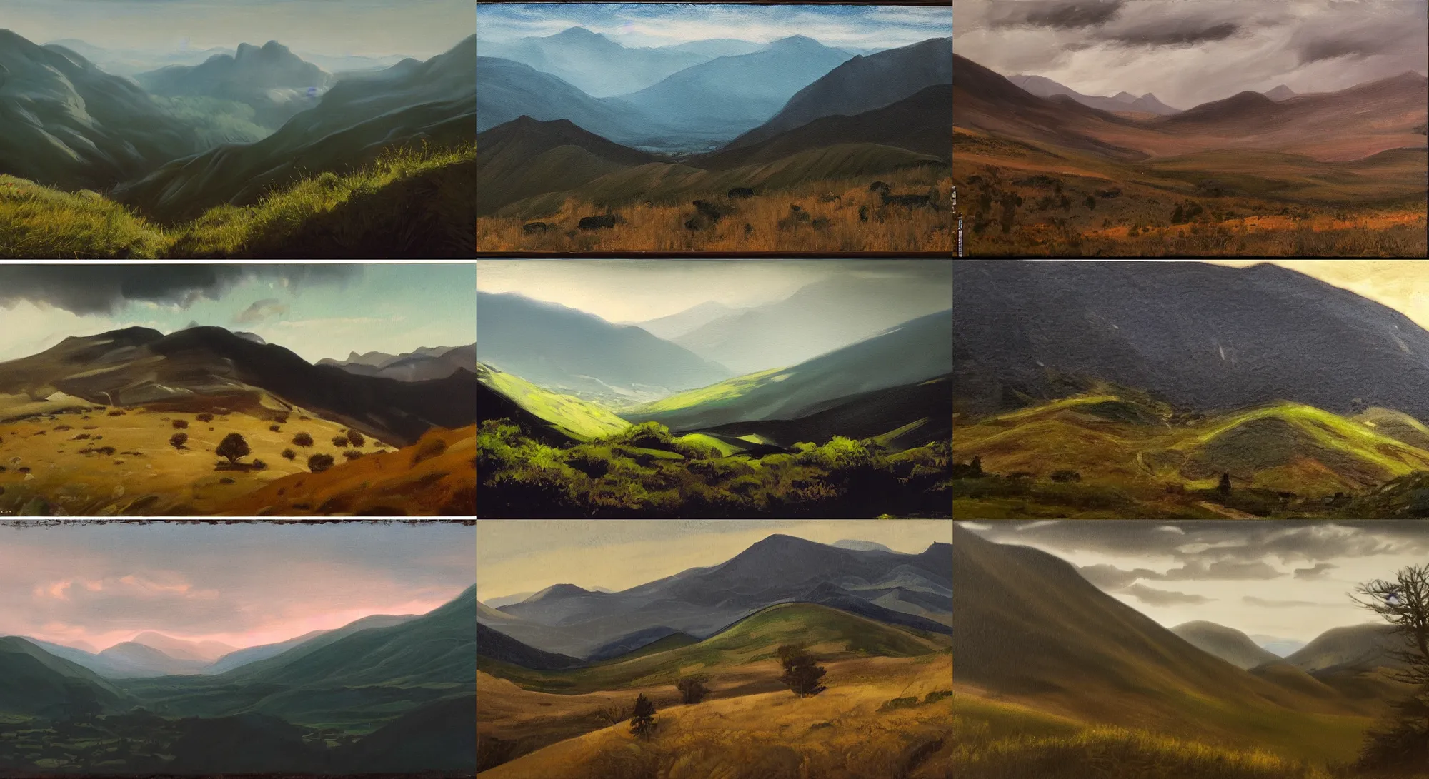 Prompt: dark mood, hills and mountains, shot from danis villeneuve movie, roger deakins filming, nightfall, painting in the style of frederick judd waugh and josh clare