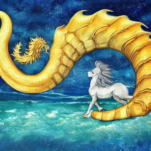 Image similar to a hippocampus rising from the sea, fantasy art,