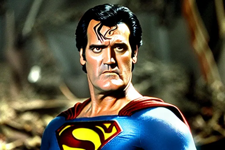 Image similar to bruce campbell playing superman in the evil dead