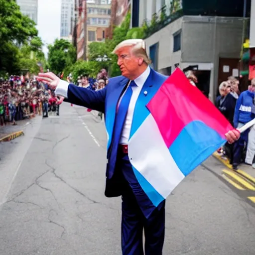 Prompt: photograph of donald trump wearing a trans flag suit at a pride parade