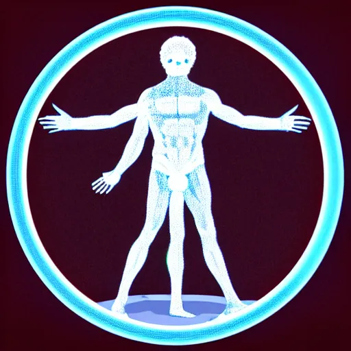 Prompt: vitruvian man, portrait, vaporwave, synthwave, neon, vector graphics, cinematic, volumetric lighting, f 8 aperture, cinematic eastman 5 3 8 4 film