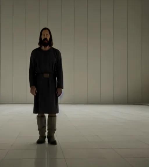 Prompt: Jesus in a white empty room, film still from the movie directed by Denis Villeneuve, wide lens, oil painting