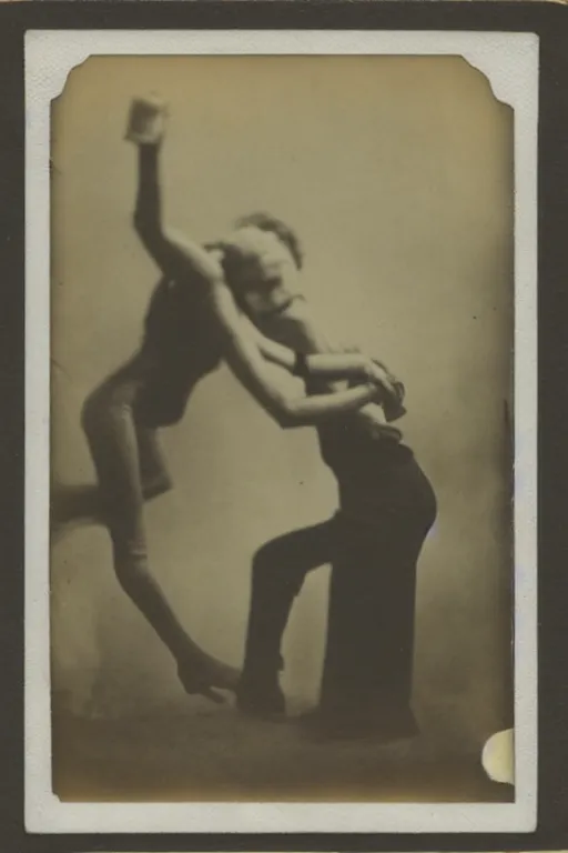 Prompt: man breaking into pieces while a woman tries to hold the fallen parts, surreal, 1 9 1 0 polaroid photo