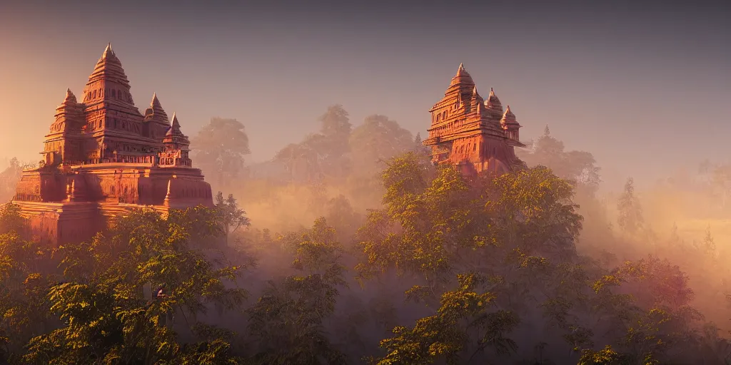 Prompt: a highly detailed photo of a hindu castle surrounded by a mist shot during golden hour on 3 0 mm film painted by alena aenami, rendered in unreal engine