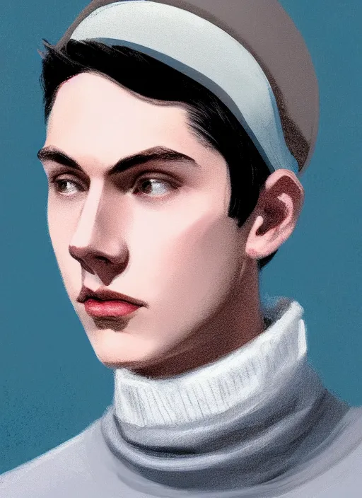 Image similar to portrait of teenage jughead jones wearing a light grey crown, crown, light grey crown, blue turtleneck, 1 9 5 0 s, closed eyes, intricate, elegant, glowing lights, highly detailed, digital painting, artstation, concept art, smooth, sharp focus, illustration, art by wlop, mars ravelo and greg rutkowski