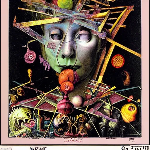 Image similar to post - punk new age album cover, asymmetrical design, frame of a dollar bank notes, capitalism, magic, apocalypse, psychedelic, black white pink, magic, giger h. r., giuseppe arcimboldo