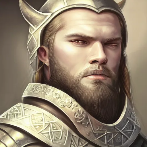 Image similar to portrait of solemn, ice-pale undead viking warrior with black veins and brutalist plate armor with art deco knotwork, elegant, intricate, head and upper body portrait, D&D, fantasy, highly detailed, digital painting, artstation, concept art, sharp focus, illustration, art by artgerm and brom and bezsinski and greg rutkowski and alphonse mucha