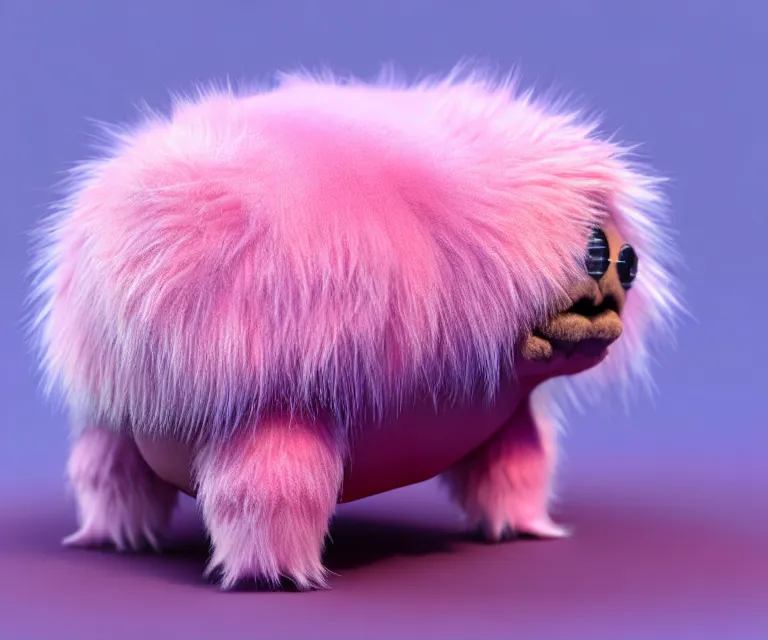 Image similar to high quality 3 d render hyperrealist very cute small tardiradiant, plush mascot, long spiky fluffy smooth hair, photo from the side, pink fluffy fur, vray, smooth background, artstation, ultra detailed