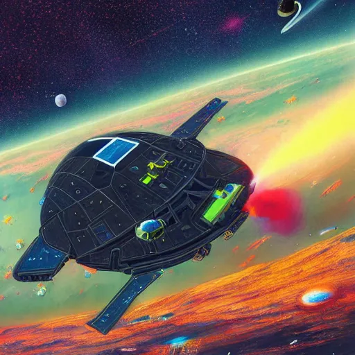 Image similar to a beautiful photograph of a space battle with wild, bright colors. by scott listfield accurate